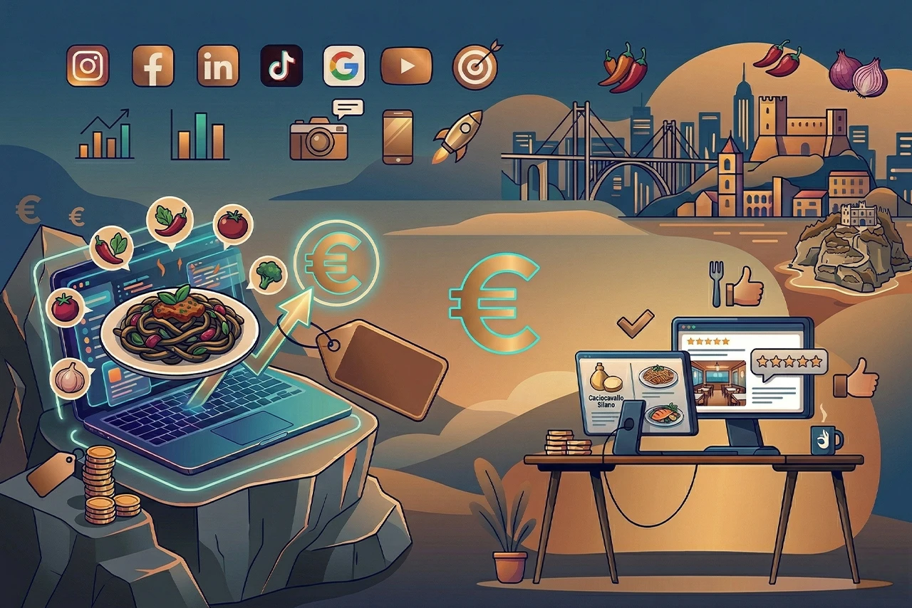 Mario Darmini (Digital Mission) ottimizza il marketing di un ristorante a Catanzaro: dashboard con analisi prenotazioni AI e specialità gastronomiche calabresi.