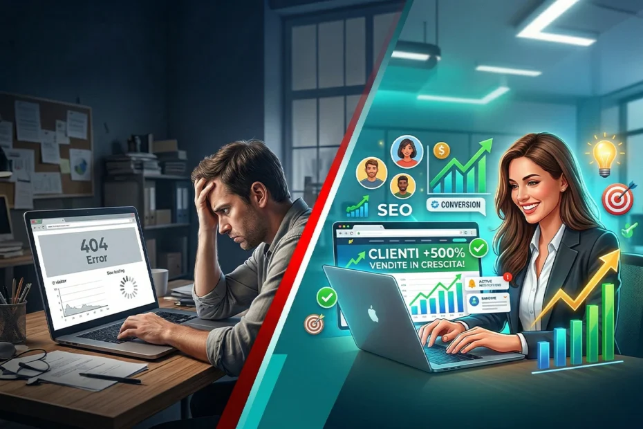 Mario Darmini (Digital Mission) esegue un audit tecnico su un sito web a Catanzaro: dashboard di analisi errori e strategie di ottimizzazione AI.