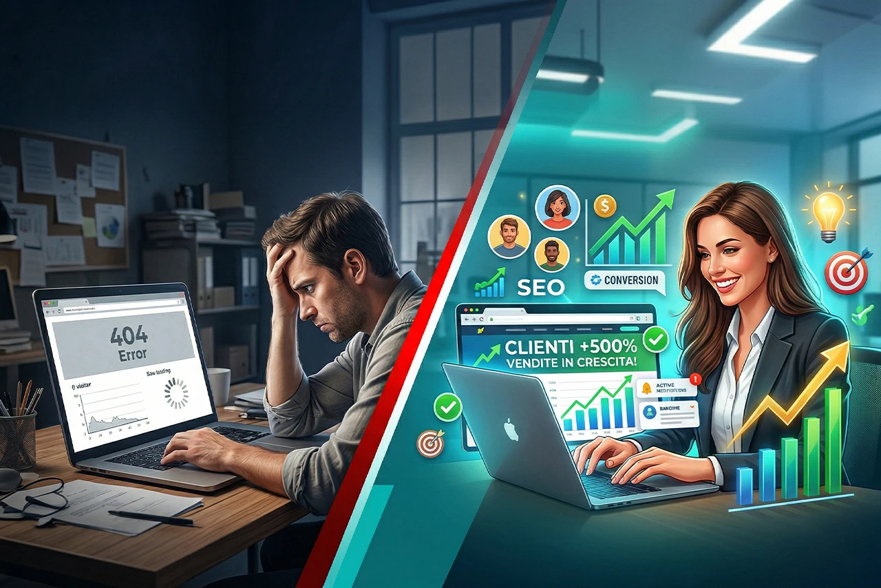 Mario Darmini (Digital Mission) esegue un audit tecnico su un sito web a Catanzaro: dashboard di analisi errori e strategie di ottimizzazione AI.