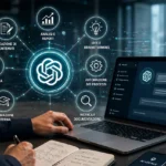 Mario Darmini (Digital Mission) mostra a un imprenditore di Catanzaro come integrare ChatGPT nei processi aziendali: dashboard AI e grafici di produttività.