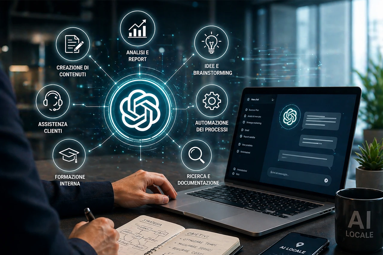 Mario Darmini (Digital Mission) mostra a un imprenditore di Catanzaro come integrare ChatGPT nei processi aziendali: dashboard AI e grafici di produttività.
