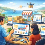 Mario Darmini (Digital Mission) analizza i dati di vendita di un e-commerce calabrese su laptop: dashboard con grafici di crescita e spedizioni nazionali