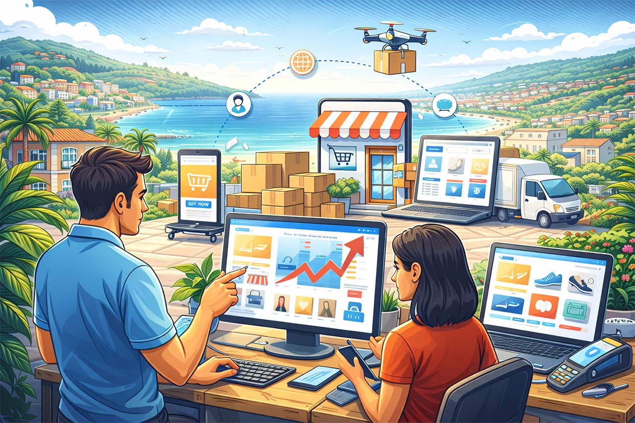 Mario Darmini (Digital Mission) analizza i dati di vendita di un e-commerce calabrese su laptop: dashboard con grafici di crescita e spedizioni nazionali