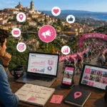 Mario Darmini (Digital Mission) illustra una strategia di marketing digitale per il Giro d'Italia 2026 a Catanzaro: mappa della tappa e dashboard social.