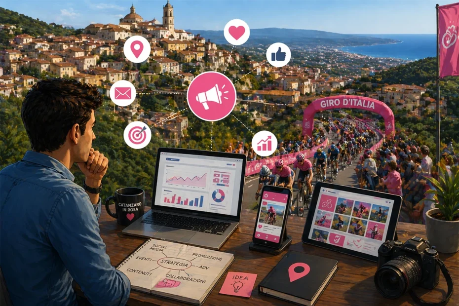 Mario Darmini (Digital Mission) illustra una strategia di marketing digitale per il Giro d'Italia 2026 a Catanzaro: mappa della tappa e dashboard social.