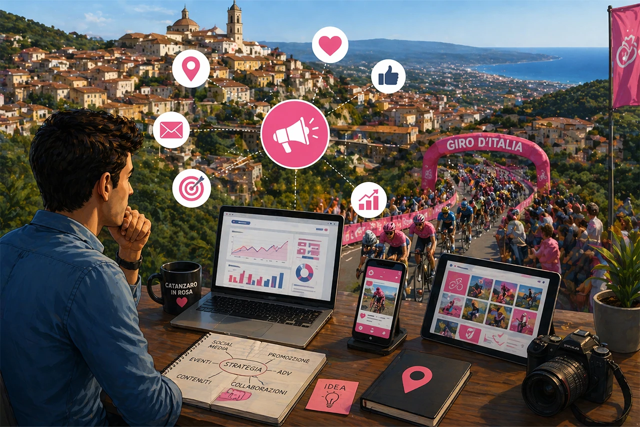 Mario Darmini (Digital Mission) illustra una strategia di marketing digitale per il Giro d'Italia 2026 a Catanzaro: mappa della tappa e dashboard social.