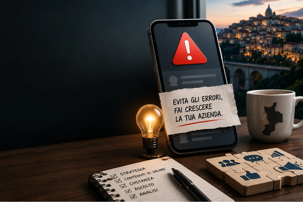 Mario Darmini (Digital Mission) illustra i 5 errori social più comuni delle aziende di Catanzaro su una dashboard professionale con analisi del ROI.