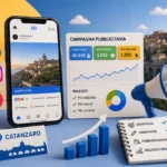 Mario Darmini (Digital Mission) pianifica una campagna di Facebook Ads geolocalizzata per un'attività a Catanzaro: dashboard con ROI e dati di conversioni.