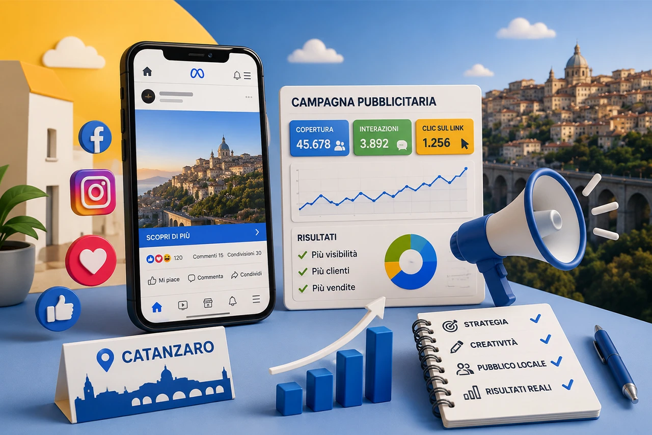 Mario Darmini (Digital Mission) pianifica una campagna di Facebook Ads geolocalizzata per un'attività a Catanzaro: dashboard con ROI e dati di conversioni.