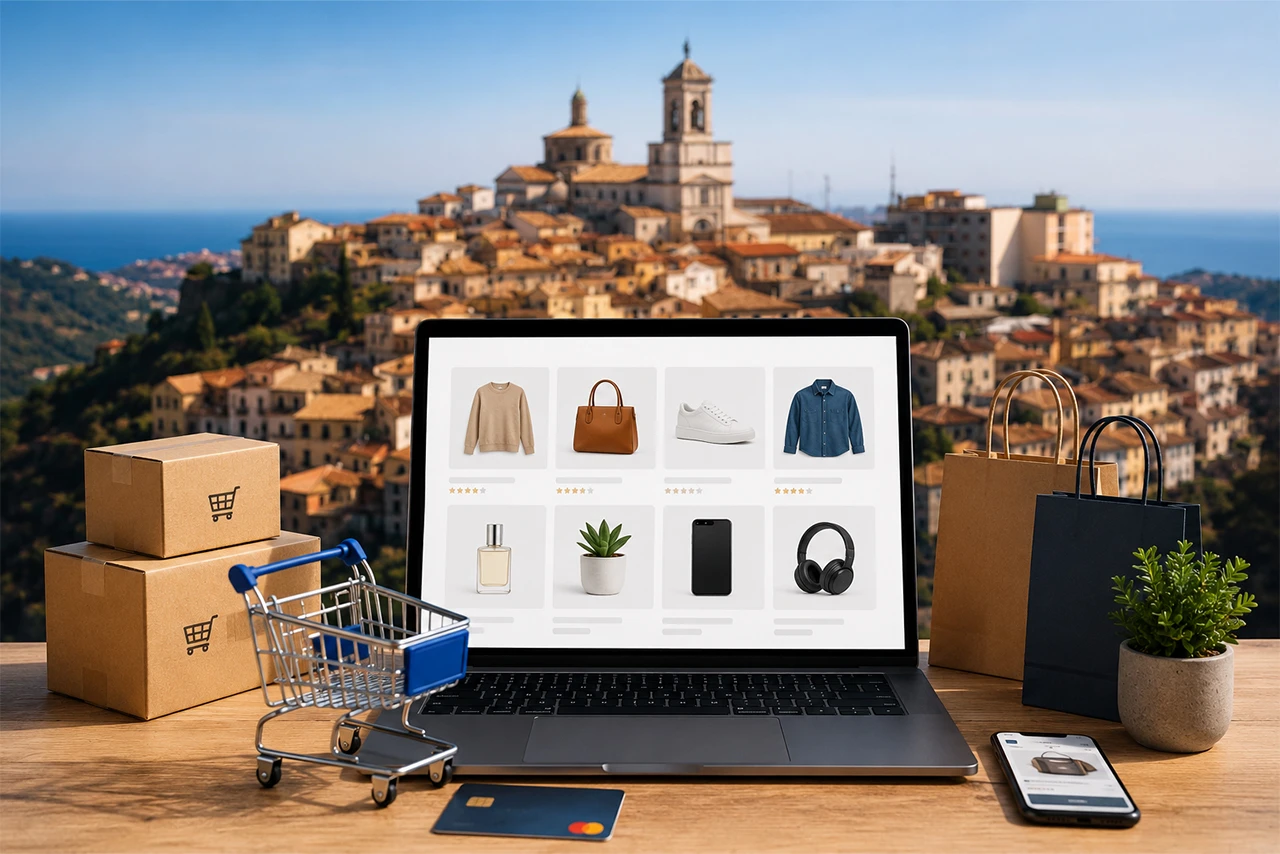 Mario Darmini (Digital Mission) illustra la strategia di sviluppo per un negozio e-commerce a Catanzaro: dashboard finanziaria con analisi del ROI e spedizioni.