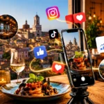 Mario Darmini (Digital Mission) progetta la strategia social per un ristorante di Catanzaro: laptop con statistiche di prenotazioni e foto di specialità locali.