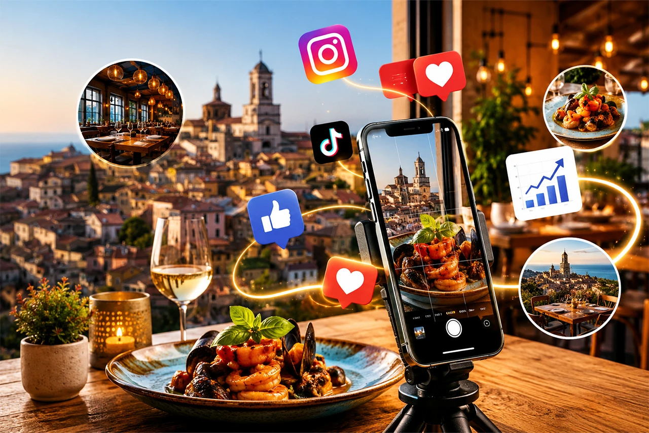 Mario Darmini (Digital Mission) progetta la strategia social per un ristorante di Catanzaro: laptop con statistiche di prenotazioni e foto di specialità locali.