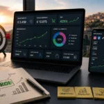 Dashboard analytics su laptop con calcolo ROI social media al 425%, tazza con scritta I dati non mentono, taccuino con formula ROI e post-it Obiettivi Analisi Strategia.