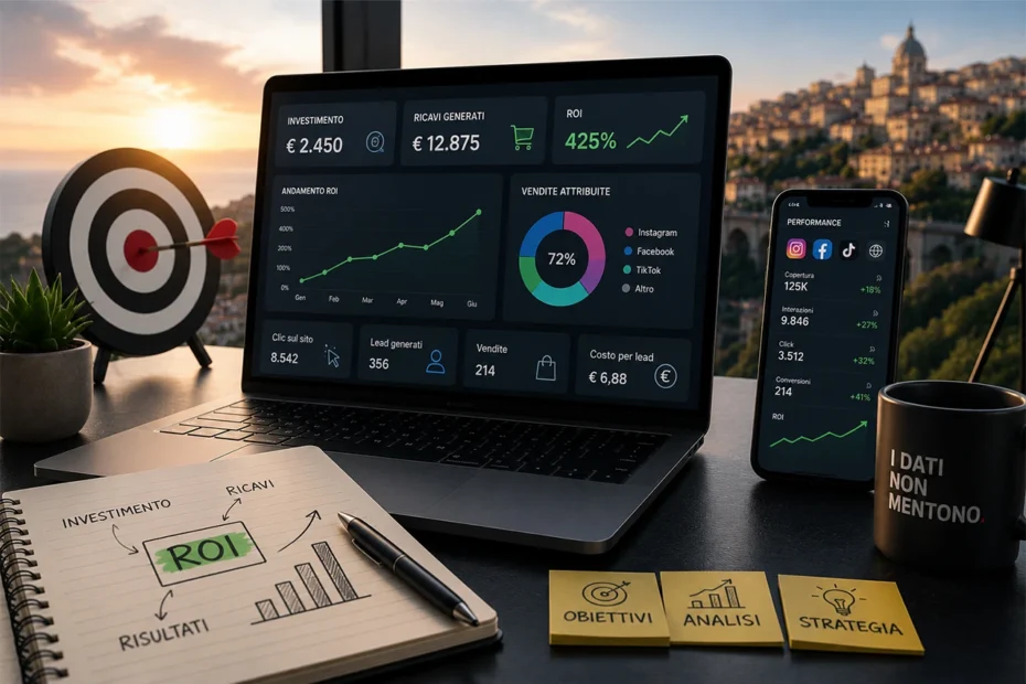 Dashboard analytics su laptop con calcolo ROI social media al 425%, tazza con scritta I dati non mentono, taccuino con formula ROI e post-it Obiettivi Analisi Strategia.