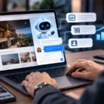 Chatbot AI attivo su un sito web aziendale che risponde a un visitatore mentre suggerisce prodotti e servizi.