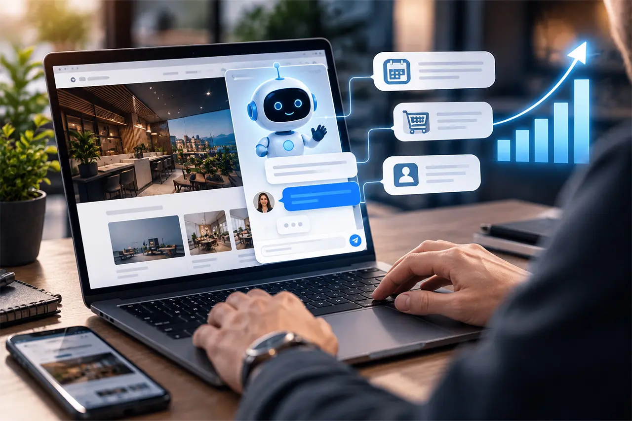 Chatbot AI attivo su un sito web aziendale che risponde a un visitatore mentre suggerisce prodotti e servizi.