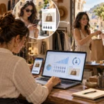 Schema del remarketing per un'attività locale: un visitatore esce dal sito senza acquistare e poi rivede l'annuncio dell'azienda su Google e sui social.