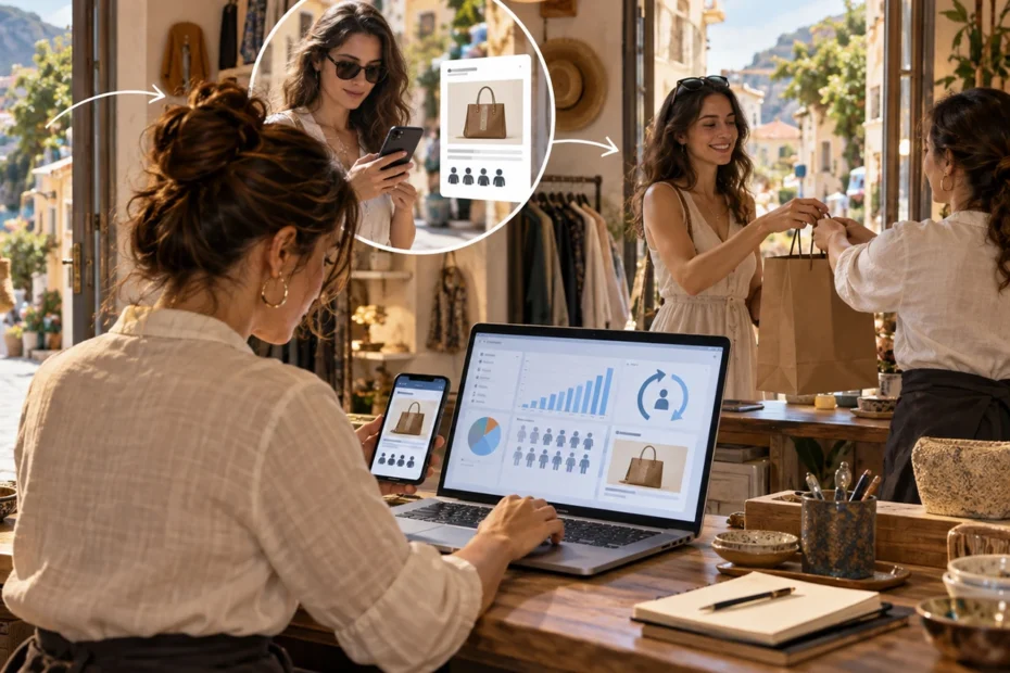 Schema del remarketing per un'attività locale: un visitatore esce dal sito senza acquistare e poi rivede l'annuncio dell'azienda su Google e sui social.
