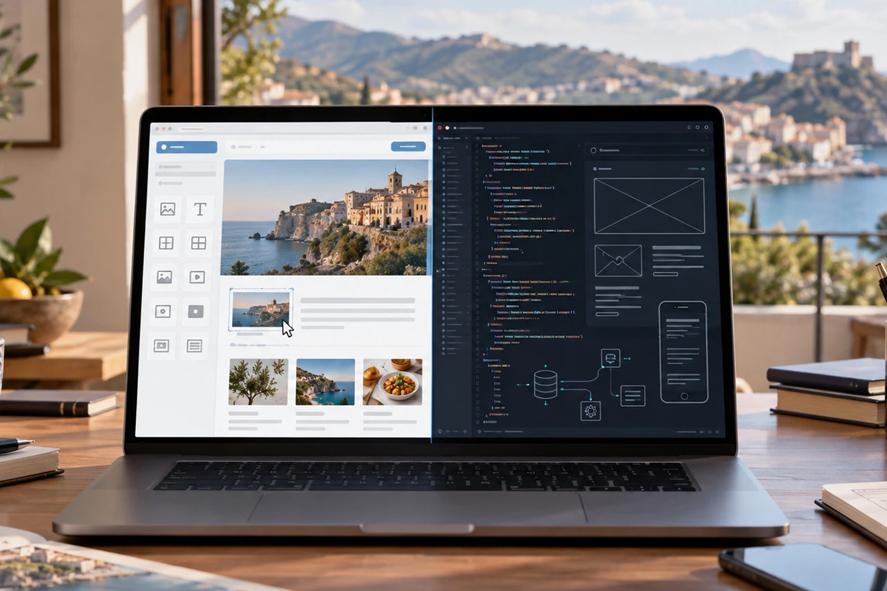 Confronto tra WordPress e un sito web personalizzato per un'azienda in Calabria: a sinistra la bacheca di WordPress, a destra l'editor di codice di un sito su misura.