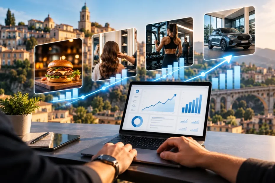 Quattro casi studio di marketing digitale a Catanzaro con risultati misurabili: grafici di impressioni Google, utenti del sito e visualizzazioni sui social
